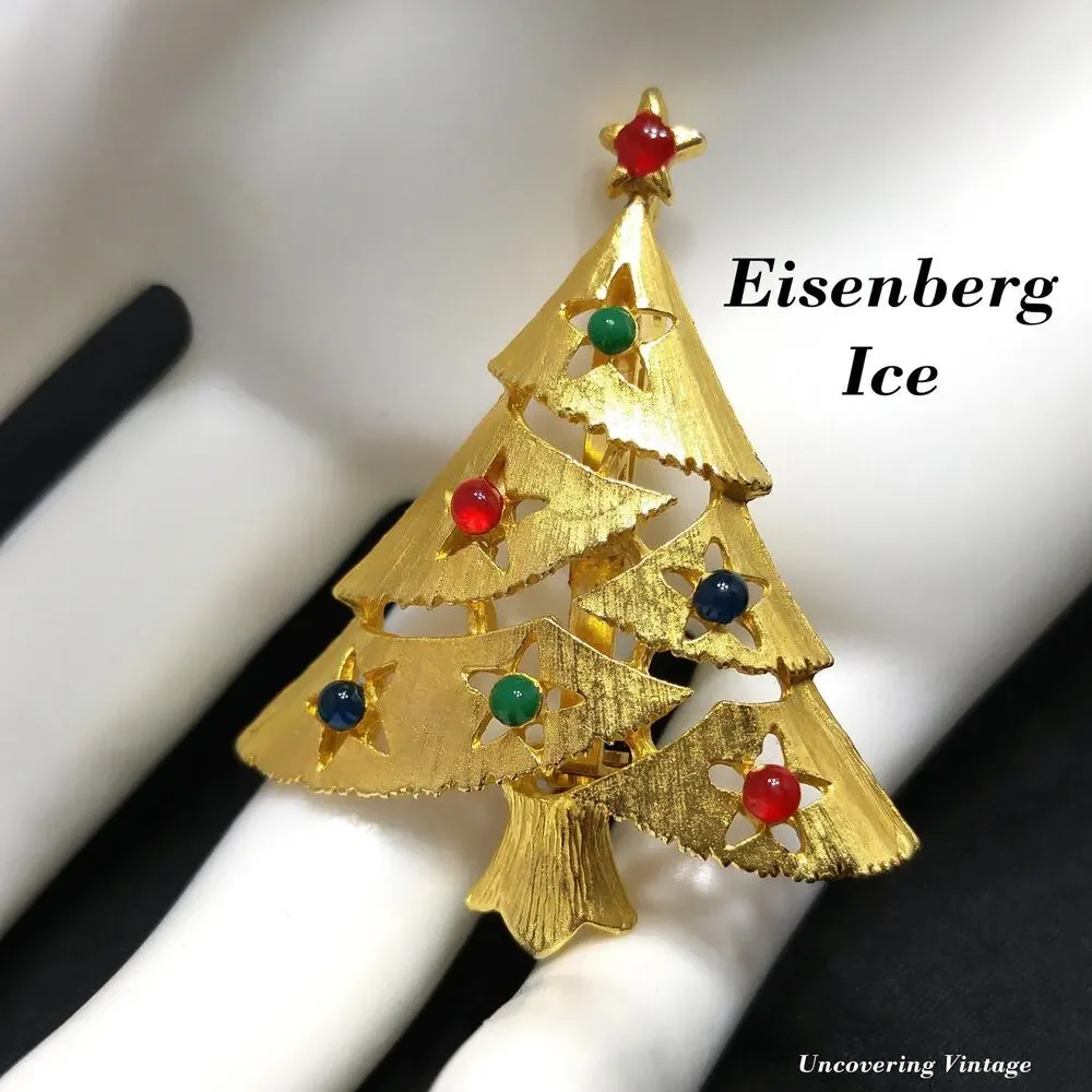 Vintage Eisenberg Ice Christmas Tree Brooch 1960s Gold Multicolor Beads Signed